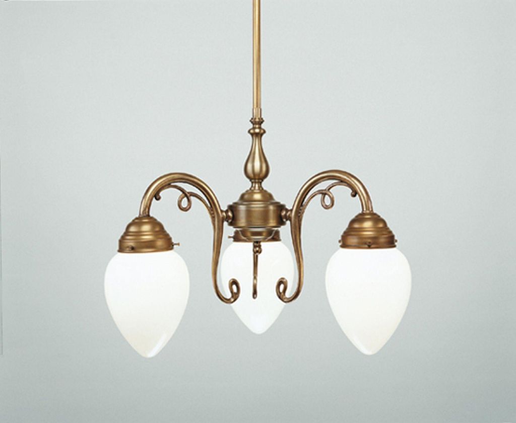 Hängeleuchte Echt-Messing Glas H: max. 92 cm in Berliner Messing Opal Weiß E27 3-flammig Jugendstil