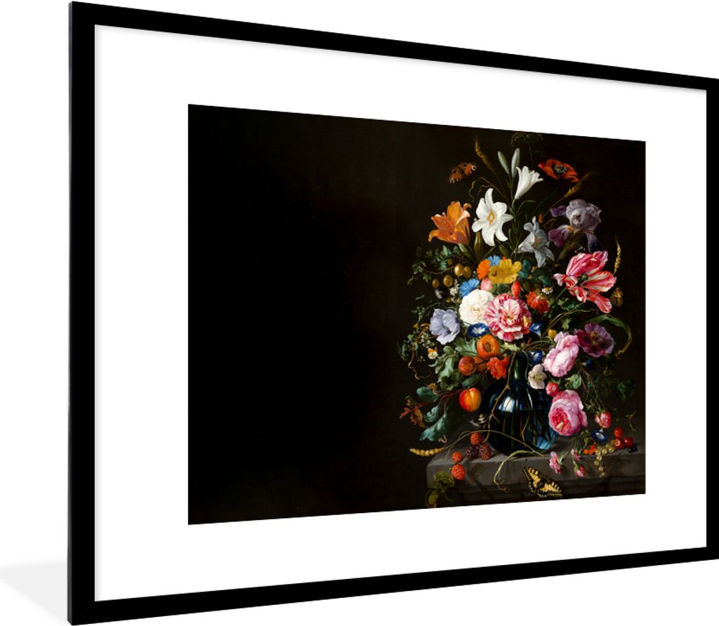 MuchoWow Gerahmtes Poster Alte Meister - Kunst - Vase mit Blumen - Jan Davidsz de Heem 80x60 cm - Poster mit Schwarzem Bilderrahmen Wandposter Ra...