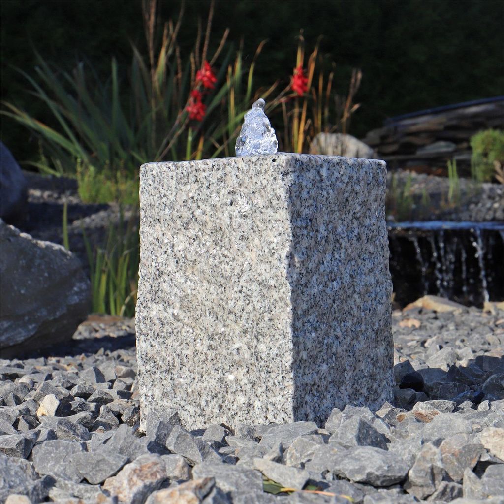CLGarden Granit Quellsteinbrunnen Naturstein Brunnen 20cm klein Garten Granitbrunnen Komplettset Säule mit LED Licht