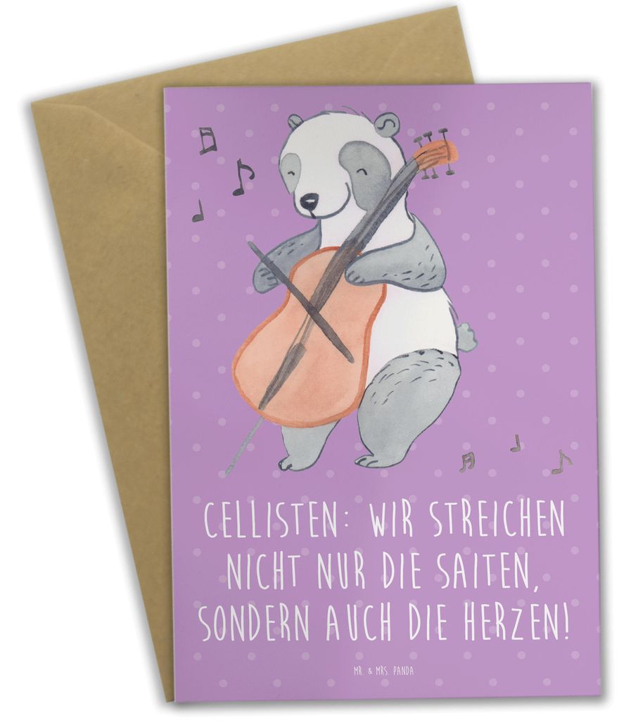 Mr. & Mrs. Panda Glückwunschkarte Cello Herz - Lavendeltraum - Geschenk, Instrument, hochzeitskarten, weihnachtskarten, vatertagskarte, einladungs...