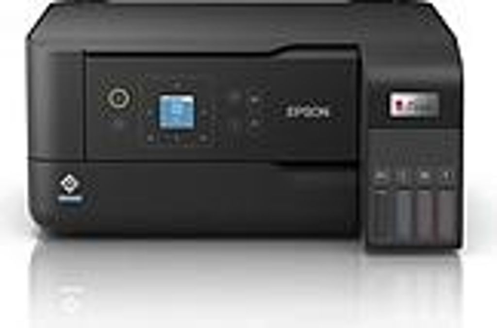 A black Epson EcoTank printer is shown from the front on a white background.