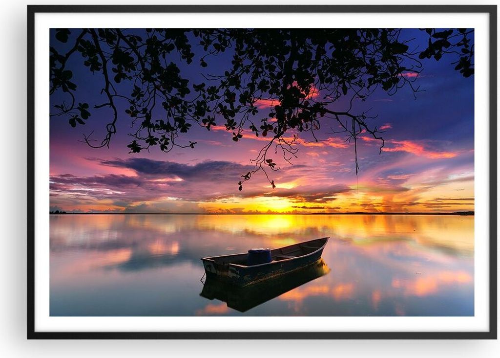 Gerahmtes Poster - Schwarzer Rahmen - Boot Sonnenuntergang See Himmel - 100x70 cm - Wand Bild - Wanddeko - Wandbilder - Wandposter - Bilderrahmen -...