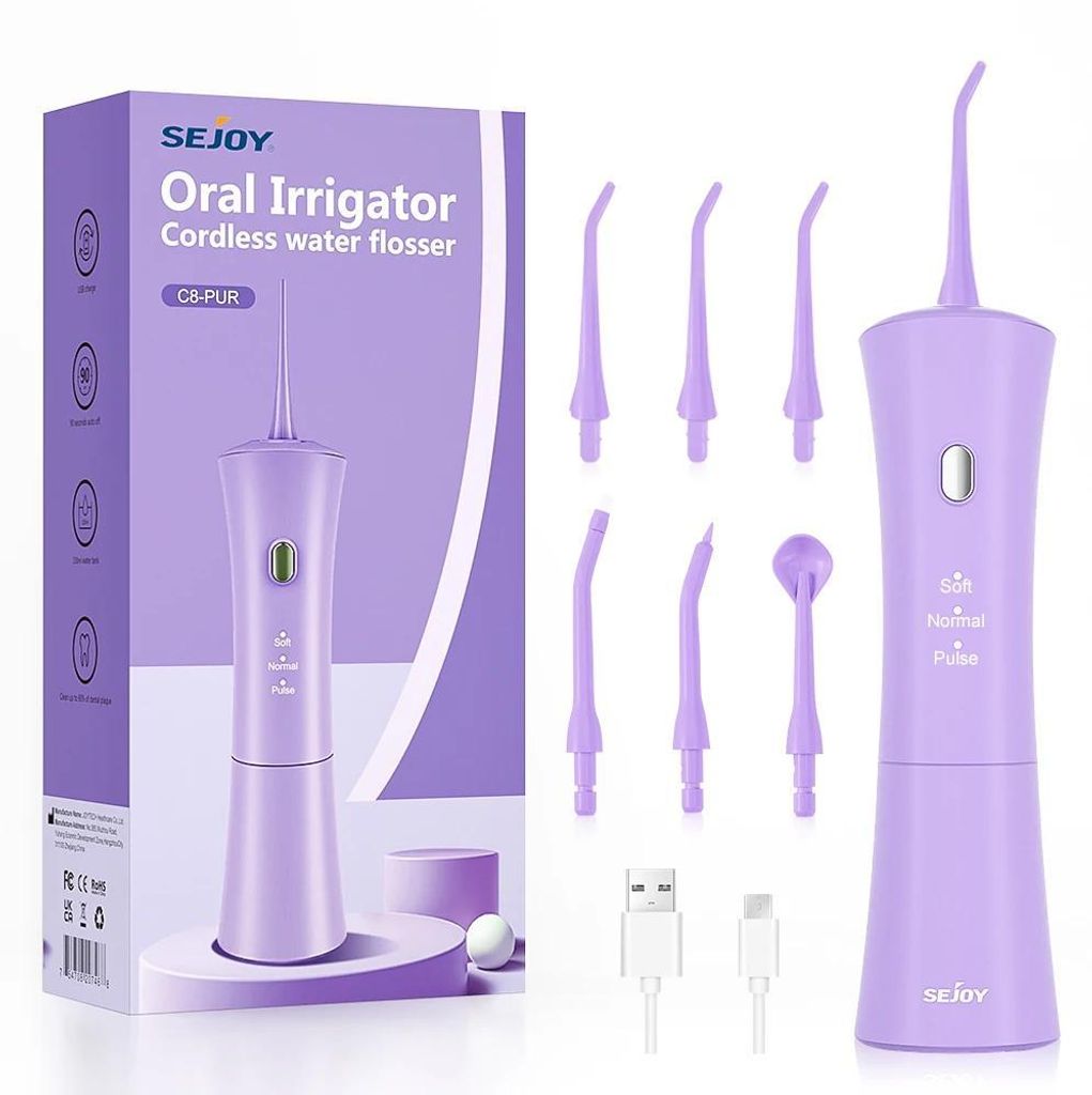 Munddusche Wasserflosser - Elektrischer Oral Irrigator - 3 Modi Pulsstrahl 1200–1599/min - 150 ml Wassertank - IPX7 wasserdicht - USB-C Akku - Lila