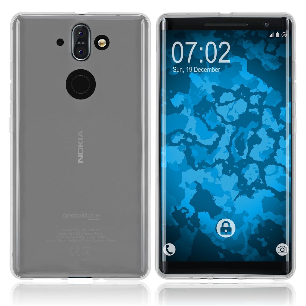 A clear case for a Nokia 8 Sirocco phone is shown from the front and back.