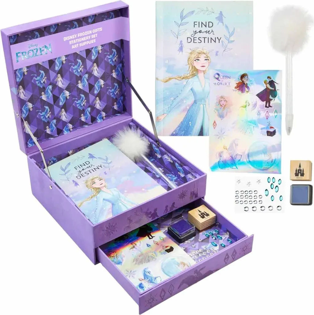 Set diario Disney Frozen, quaderno, accessori per scrapbook, viola, con penne e adesivi, ideale per le ragazze creative.