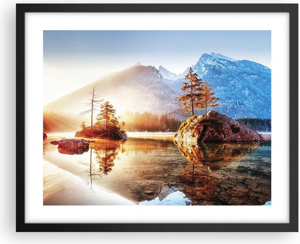 Gerahmtes Poster - Schwarzer Rahmen - Morgendämmerung Berge See - 50x40 cm - Wand Bild - Wanddeko - Wandbilder - Kunstposter - Wandposter - Bilder...