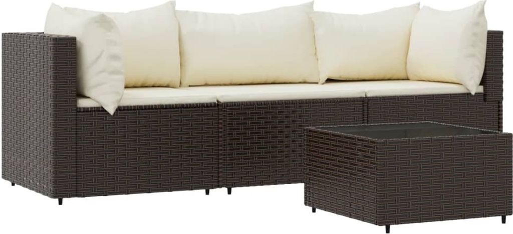 4-tlg. Garten-Lounge-Set mit Kissen Braun Poly Rattan