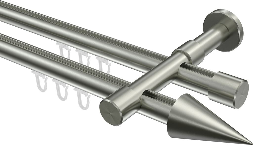 Interdeco Innenlaufstange / Gardinenstange mit Innenlauf Edelstahl-Optik, Typ Prestige Savio (Kegel), 20 mm Ø 2-läufig, 220 cm