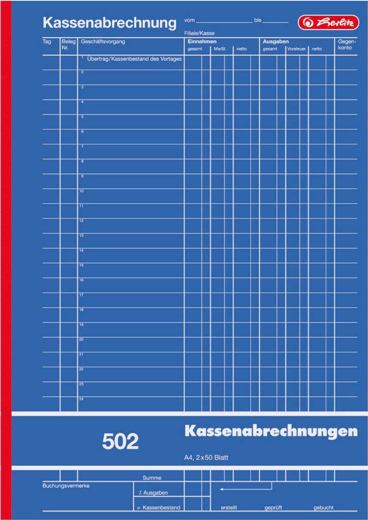 Herlitz Kassenabrechnung A4 502 2x 50 Blatt Produktbild 
