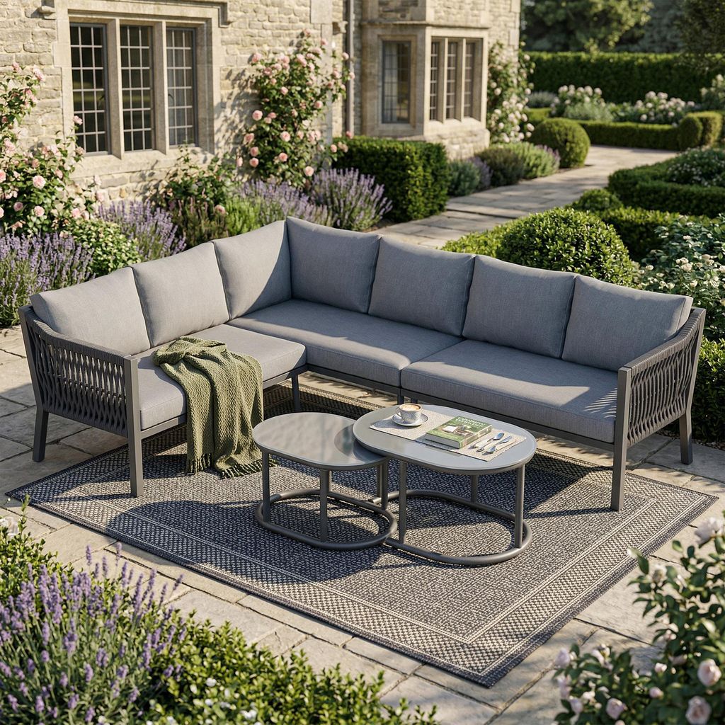 Flieks Gartenmöbel-Set 6 Personen, Gartensofa mit Seildesign, Balkonmöbelset mit 2 Couchtischen, Sofagarnitur Gartengarnitur Grau
