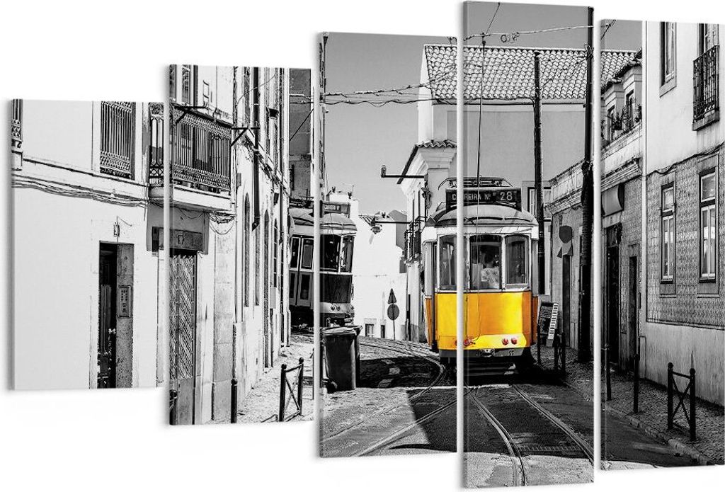 Bild auf Leinwand - Leinwandbild - 5 Teile - Straßenbahn Portugal Lissabon - 150x100cm - Wand Bild - Wanddeko - Wandbilder - Leinwanddruck - Bilde...
