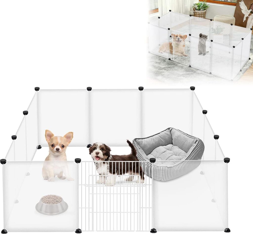Two puppies are inside a white plastic playpen with a dog bed and a food bowl. A smaller inset image shows a similar playpen with other small animals.