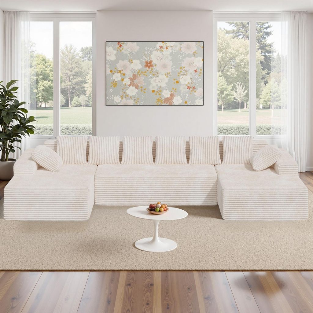 Hawthyhome Wohnlandschaft U-Form Couch 332cm- Großes Ecksofa aus Corduroy, 5-6 Sitzer Couch, Modernes Wohnzimmer Sofa mit Zierkissen, Beige