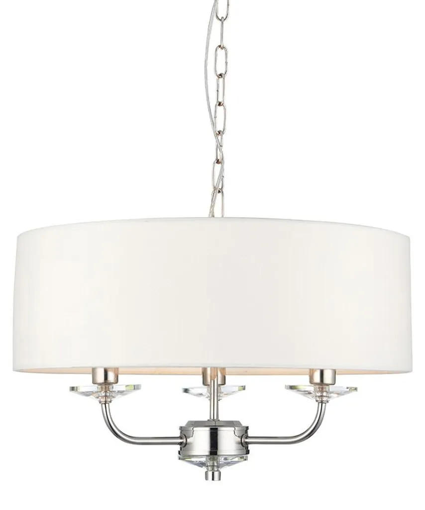 Suspension 3 lumières NIXON Endon en métal nickelé et tissu blanc 79x45cm