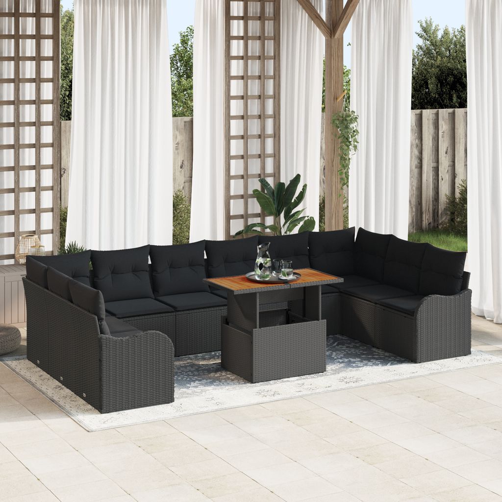 11-teiliges Garten-Sofa-Set mit Kissen Schwarz Poly-Rattan Akazie, Gartensofas DesignMöbel Neu