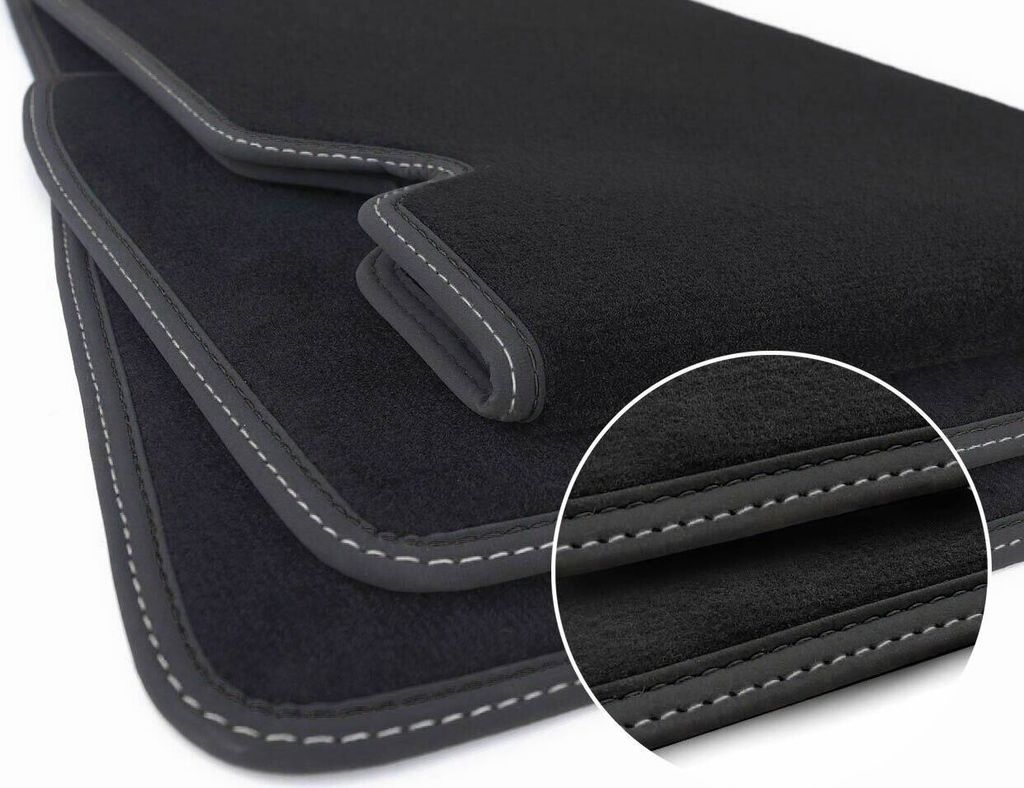 Fußmatten Tesla Model S ab 2015 (Doppelnaht Schwarz Silber) Autoteppich Sport Tuning Zubehör Velours 3-teilig