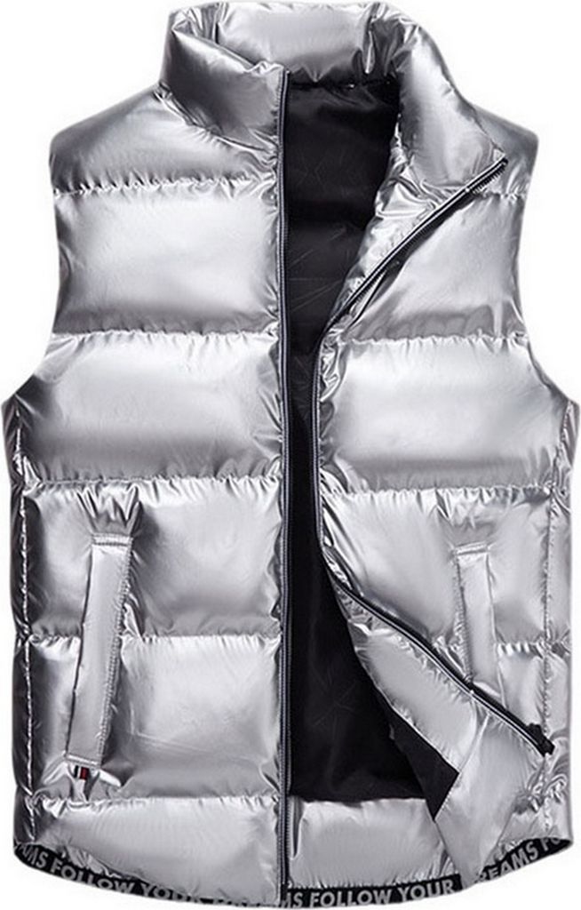 Silber Mode Stehkragen Herren Warme Weste, Neue Herbst und Winter Glänzende Ärmellose Jacken für Herren, Größe 5XL
