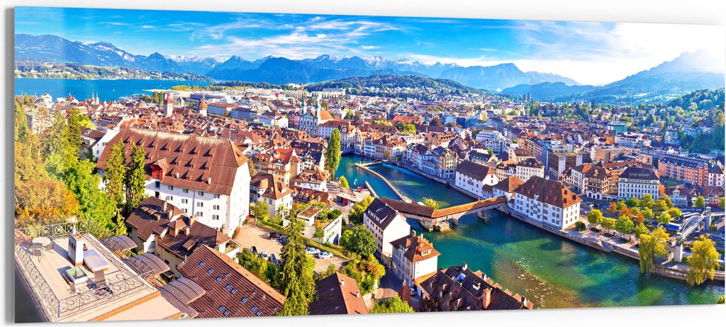 DEQORI Glasbild Echtglas 150x60 cm 'Blick über Luzern' Wandbild Bild modern Deko
