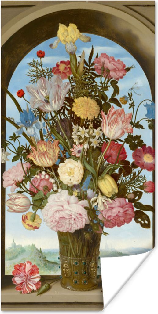 MuchoWow Poster Vase mit Blumen in einem Fenster - Gemälde von Ambrosius Bosschaert dem Älteren 40x80 cm - Dekoration