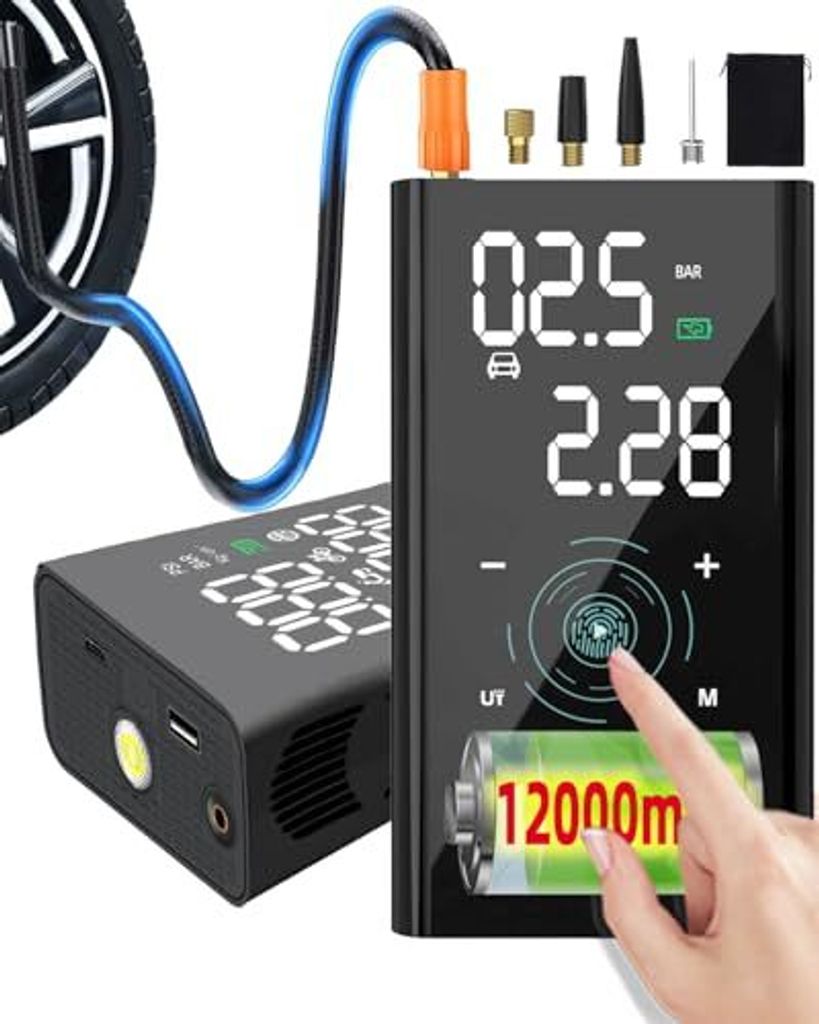 Yanace 12000mAh Mini Kompressor, 4X Schneller Luftpumpe Auto, 150PSI Fahrradpumpe Alle Ventile, Klein Mit Manometer/Lampe/USB-C, Elektrisch für