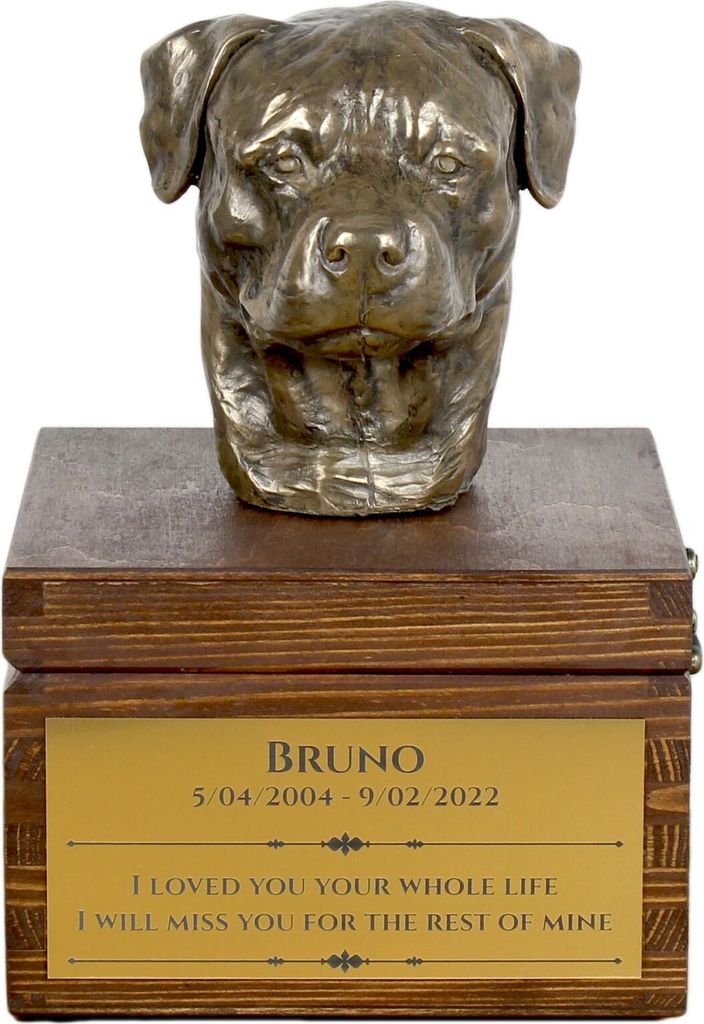 Rottweiler - Eine Ascheurne für Hunde mit einer Statuette, eine kleine Urne für Hunde, eine personalisierte Urne mit dem Porträt eines Hundes vo...