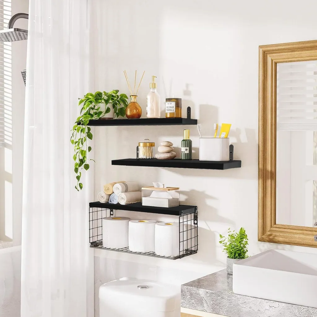 Étagère murale de salle de bain avec panier de rangement bois et noir