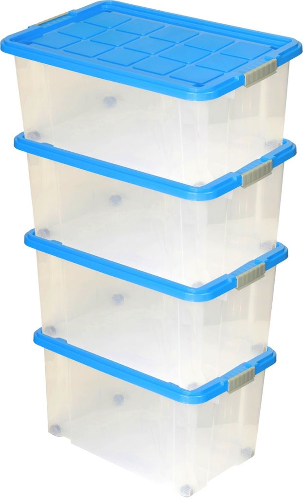 BigDean Eurobox mit Deckel und Rollen Stahlgrau 60x40x33cm Griffe Silber 2er Set : 4 Stück : Azurblau