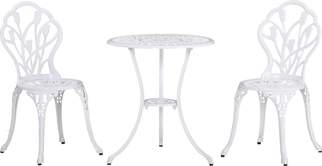 A white metal bistro set consisting of one round table and two chairs, displayed against a white background.