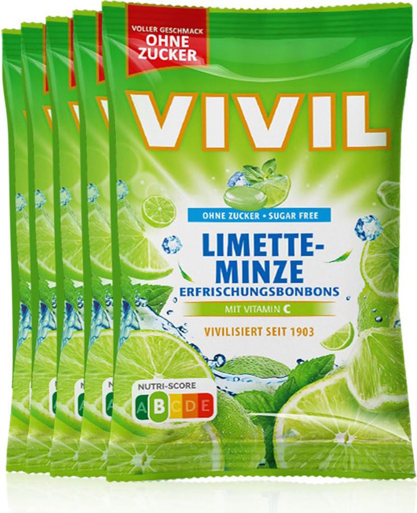 VIVIL Limette-Minze Erfrischungsbonbons ohne Zucker | 5 Beutel x 120g
