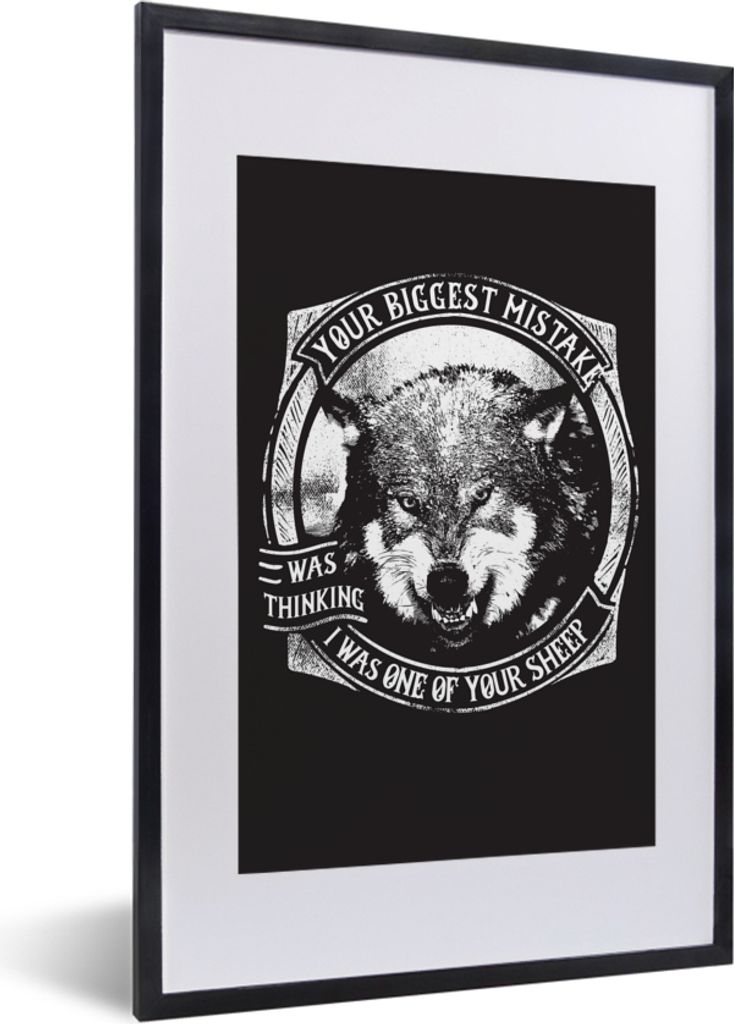 MuchoWow MuchoWow Gerahmtes Poster Wolf - Retro - Schwarz - Weiß 40x60 cm - Poster mit zchwarzem Bilderrahmen - Poster in Rahmen