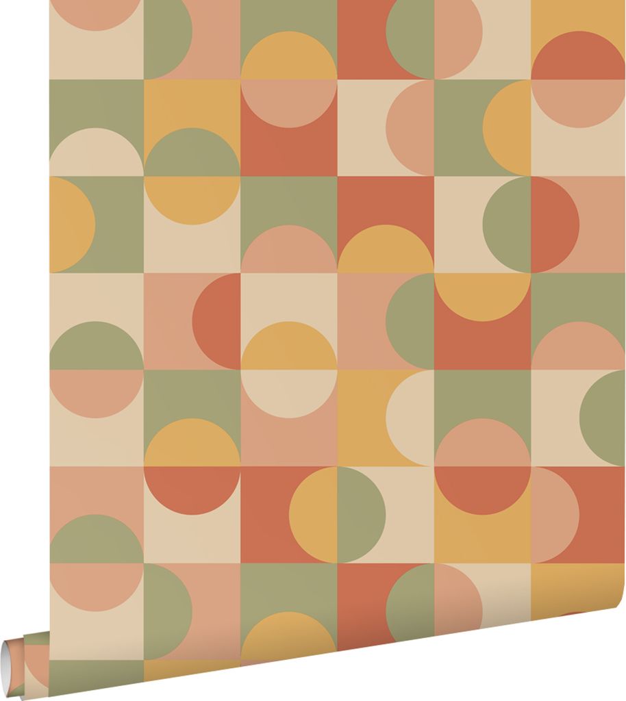 ESTAhome Tapete Kreise im Bauhaus-Stil Terrakotta, Gelb, Grün und Beige 50 x 900 cm