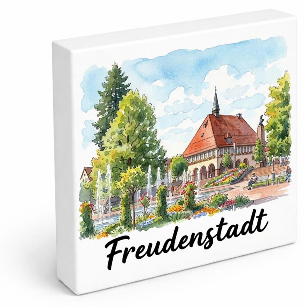 Freudenstadt Holzbild in 15x15 cm zum Stellen oder Aufhängen mit Rathaus-Motiv