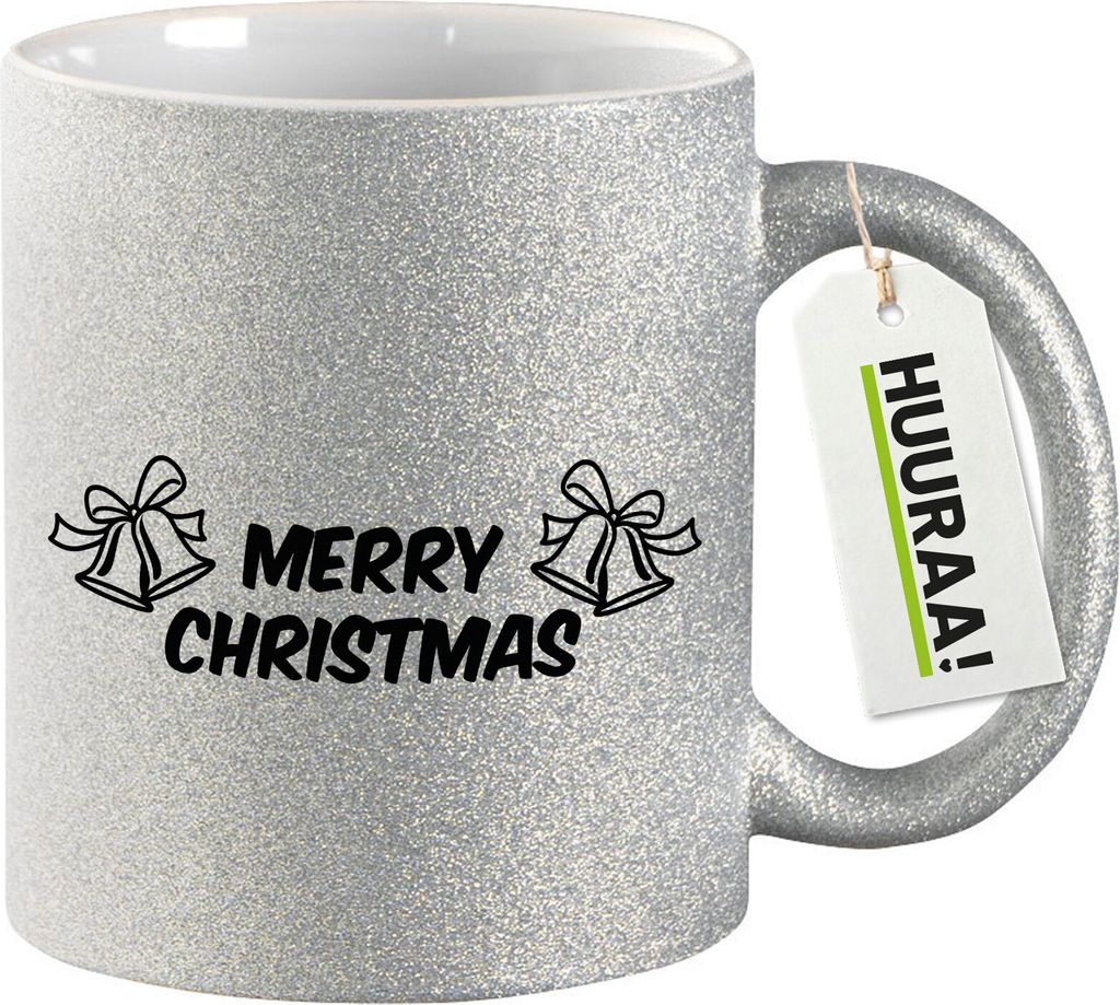 Huuraa Glitzertasse Merry Christmas Glocken 330ml Silber Keramik Kaffeebecher Geschenkidee