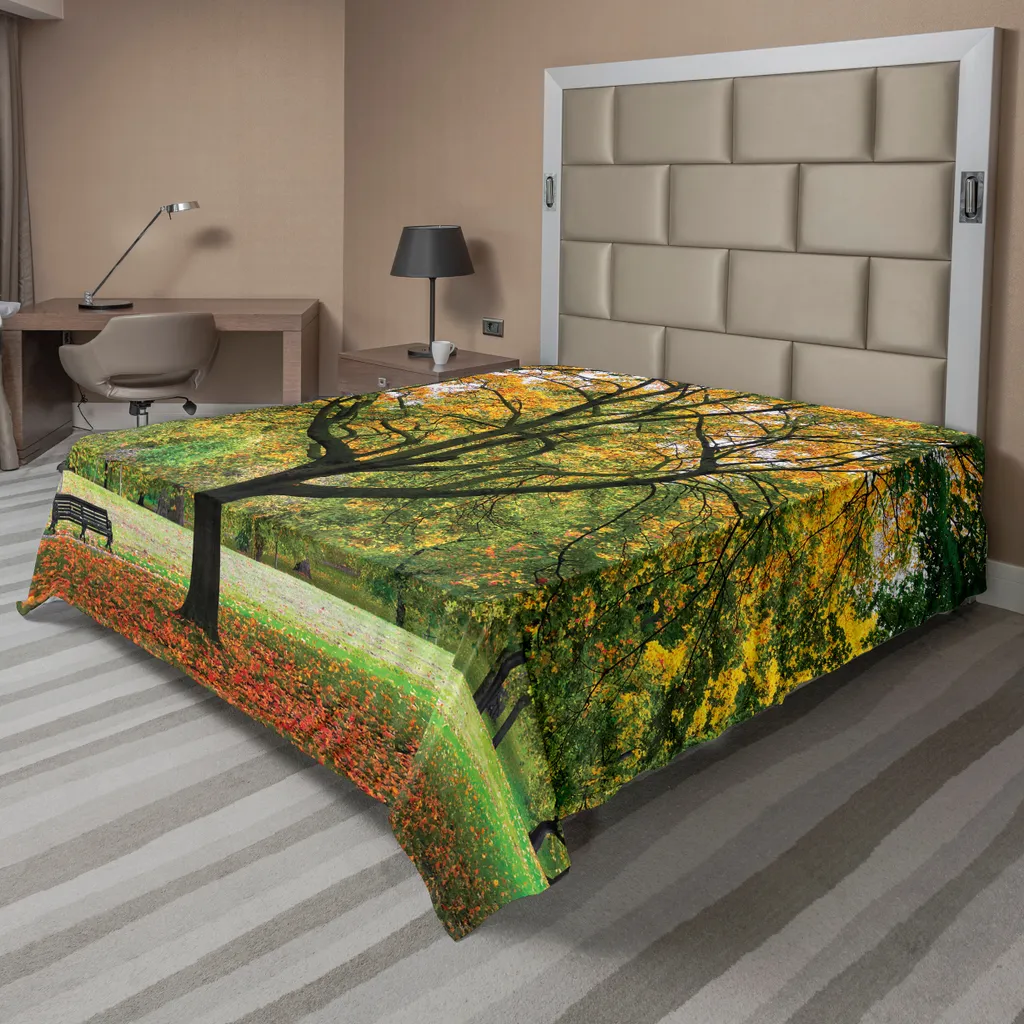 Drap Plat XXL Anti-Plis pour Grand Lit - Design Automne Vert et Jaune