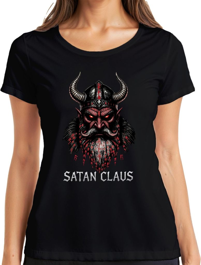 Satan Claus Teufel Wikinger Hörner Bart Runen Weihnachten Gothic Damen T-Shirt, Schwarz, XXL