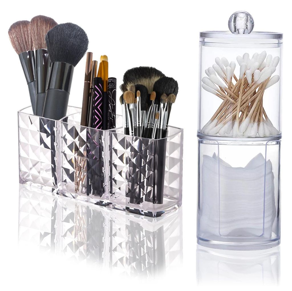 Kosmetik-Organizer mit 3 Fächern, Glasbehälter für Wattepads, Halter für Make-up-Pinsel, Make-up-Organizer und Halter für Wattepads für den B...