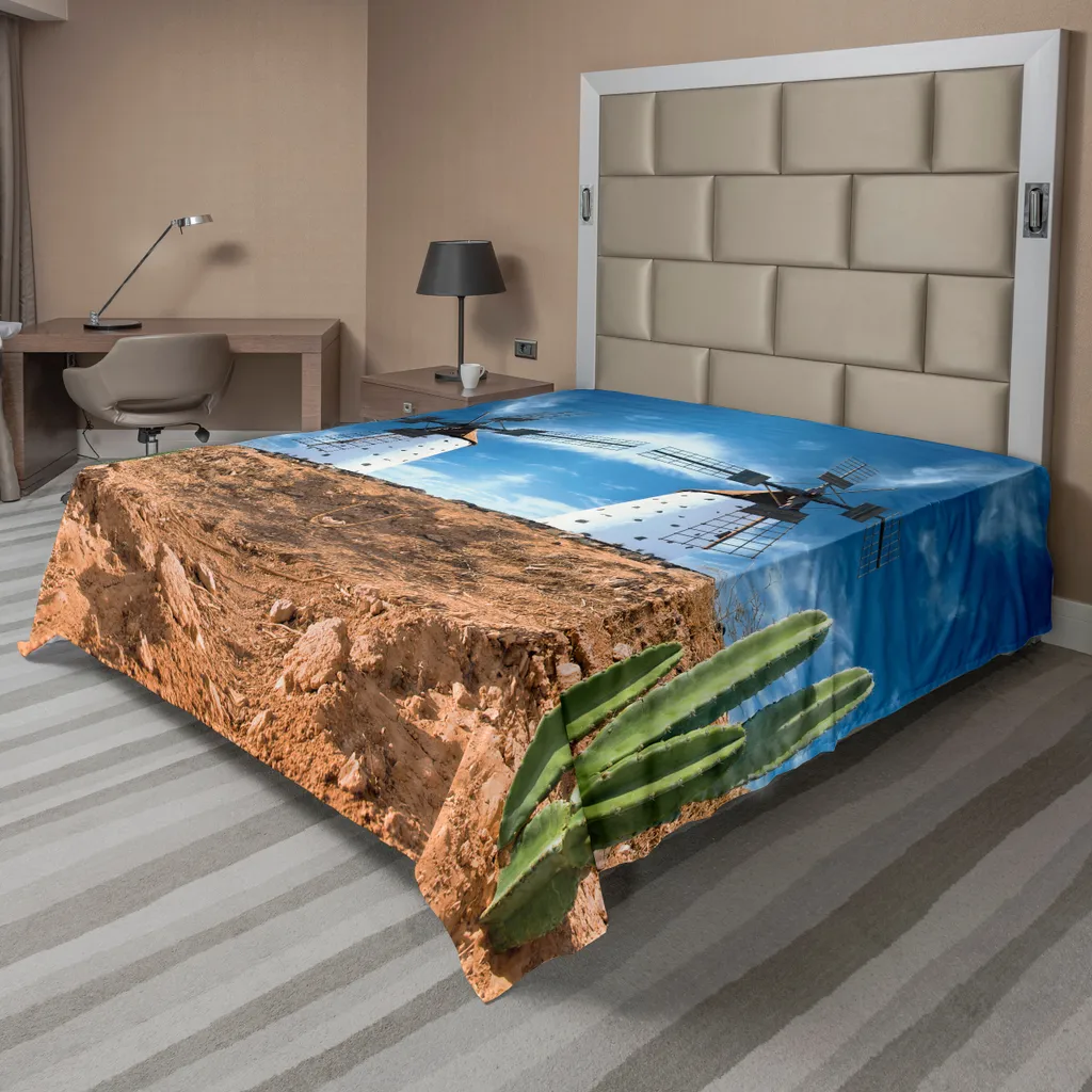 Drap décoratif en tissu doux 260 cm x 228 cm, motif cactus et ciel bleu