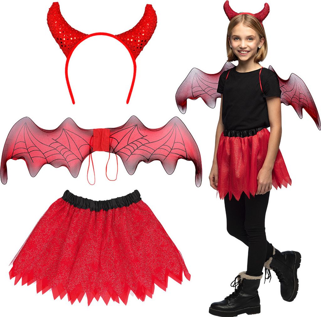 Verkleidungsset Teufel Kind (Diadem, Flügel und Tutu)