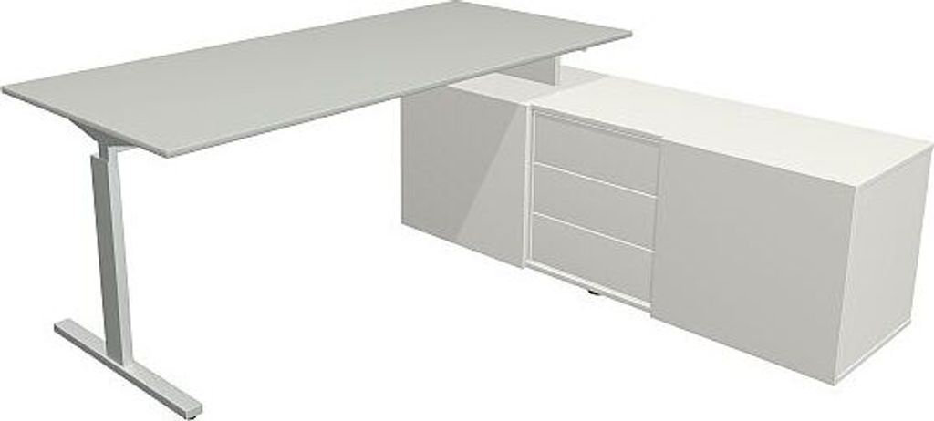 Kerkmann Schreibtisch Form 2 180x80x74 cm m. Sideboard 160x50x58 cmT-Fuß Alusilber lichtgrau