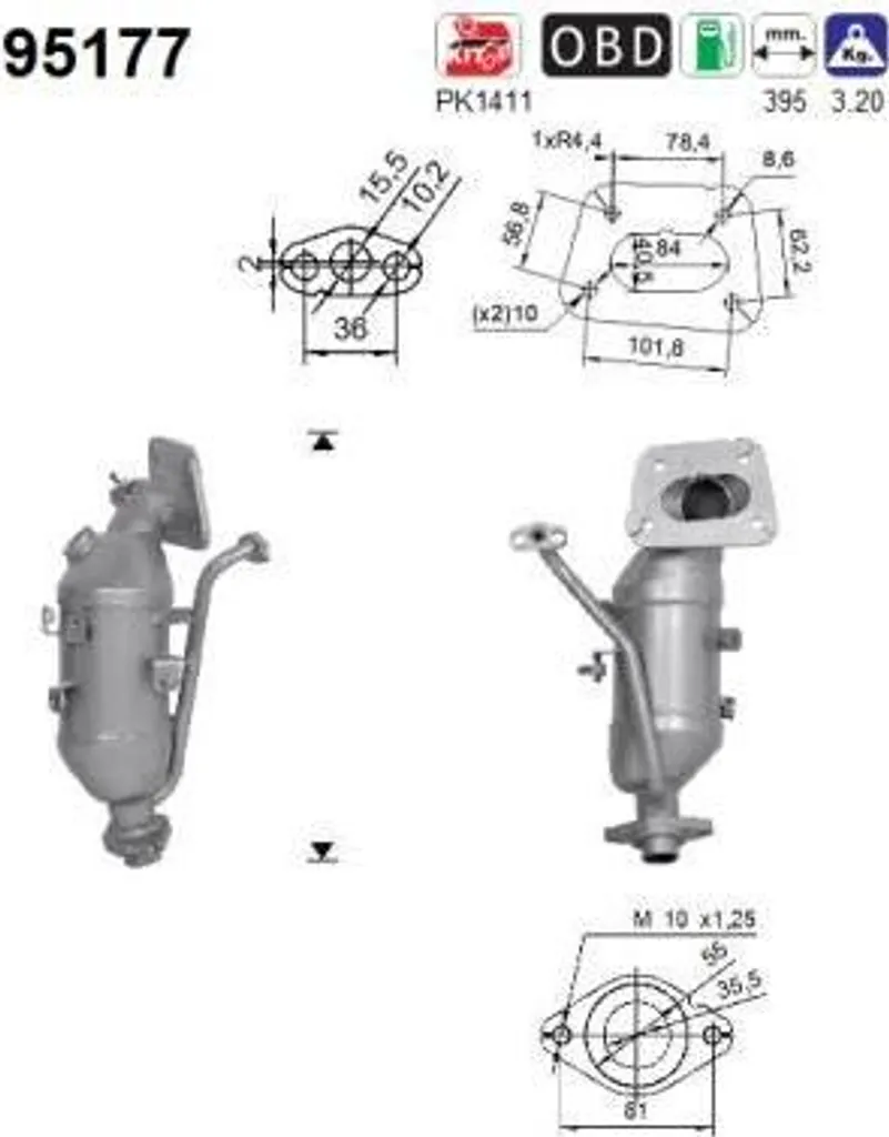 Catalyseur AS 95177 en inox haute résistance pour Peugeot 108 et C1