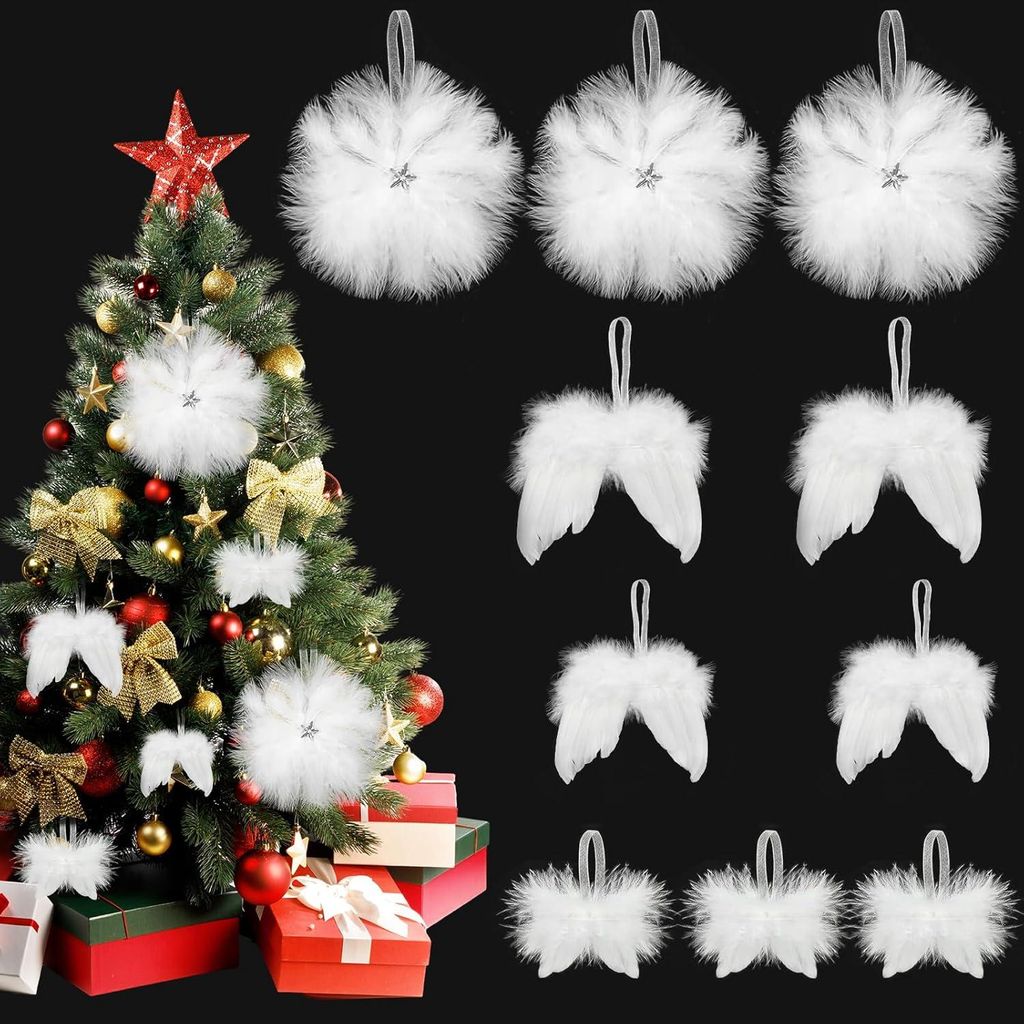 Engelsflügel Dekorationsaccessoires und Stern Weihnachtsbaumdekorationen weiße Federhänger - 10 Stück