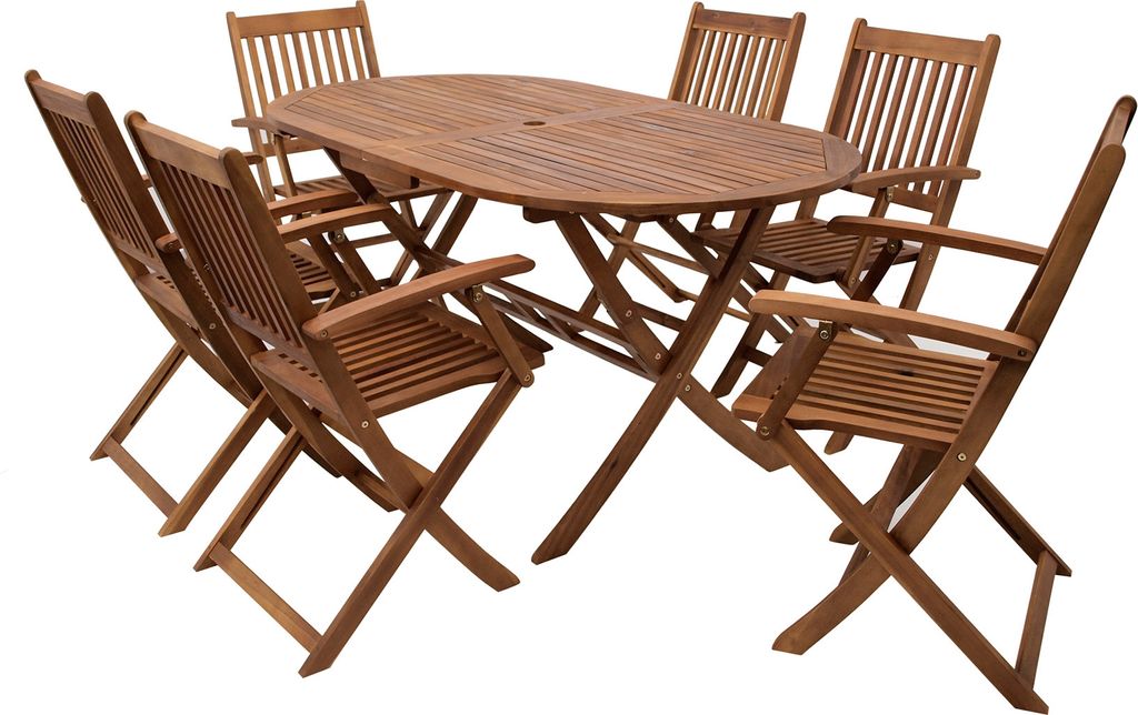 Gartengarnitur Sitzgruppe Tisch Stuhl 7-teilig mit Schirmloch Akazienholz