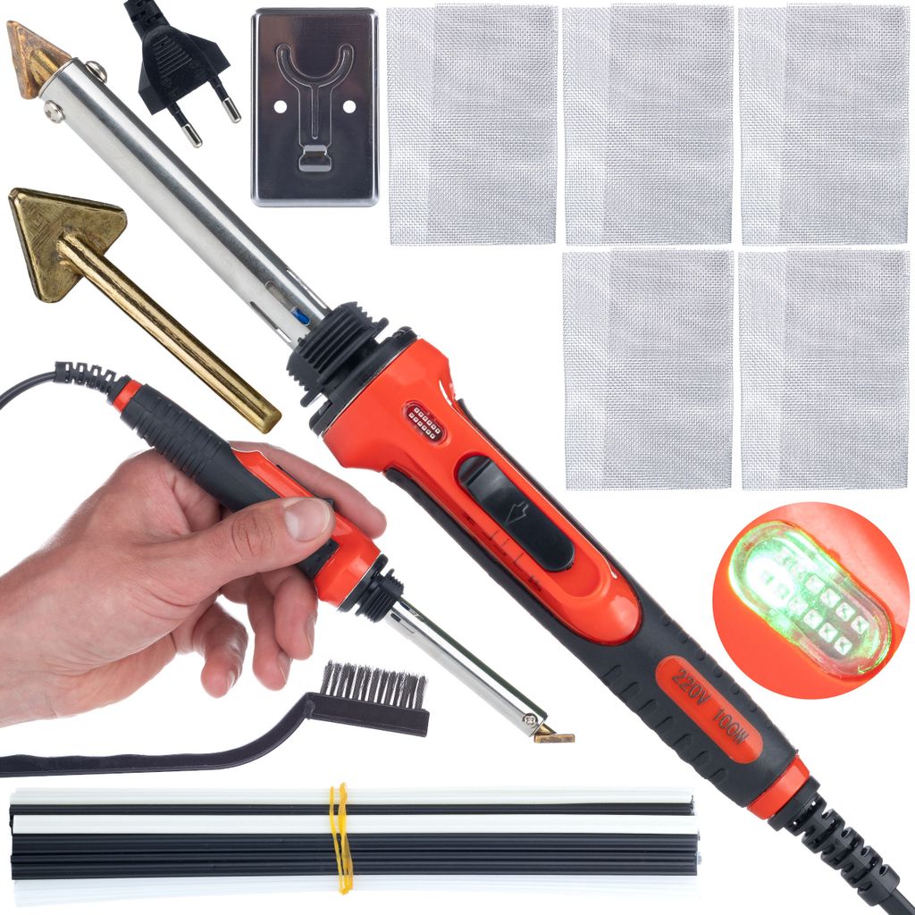 Rosfix Red Odysseya 100W RRO100W Lötkolben für Kunststoff + Kunststoffset (2x PP, PE, ABS, PVC), 5 Gitter, Spitze und Ständer