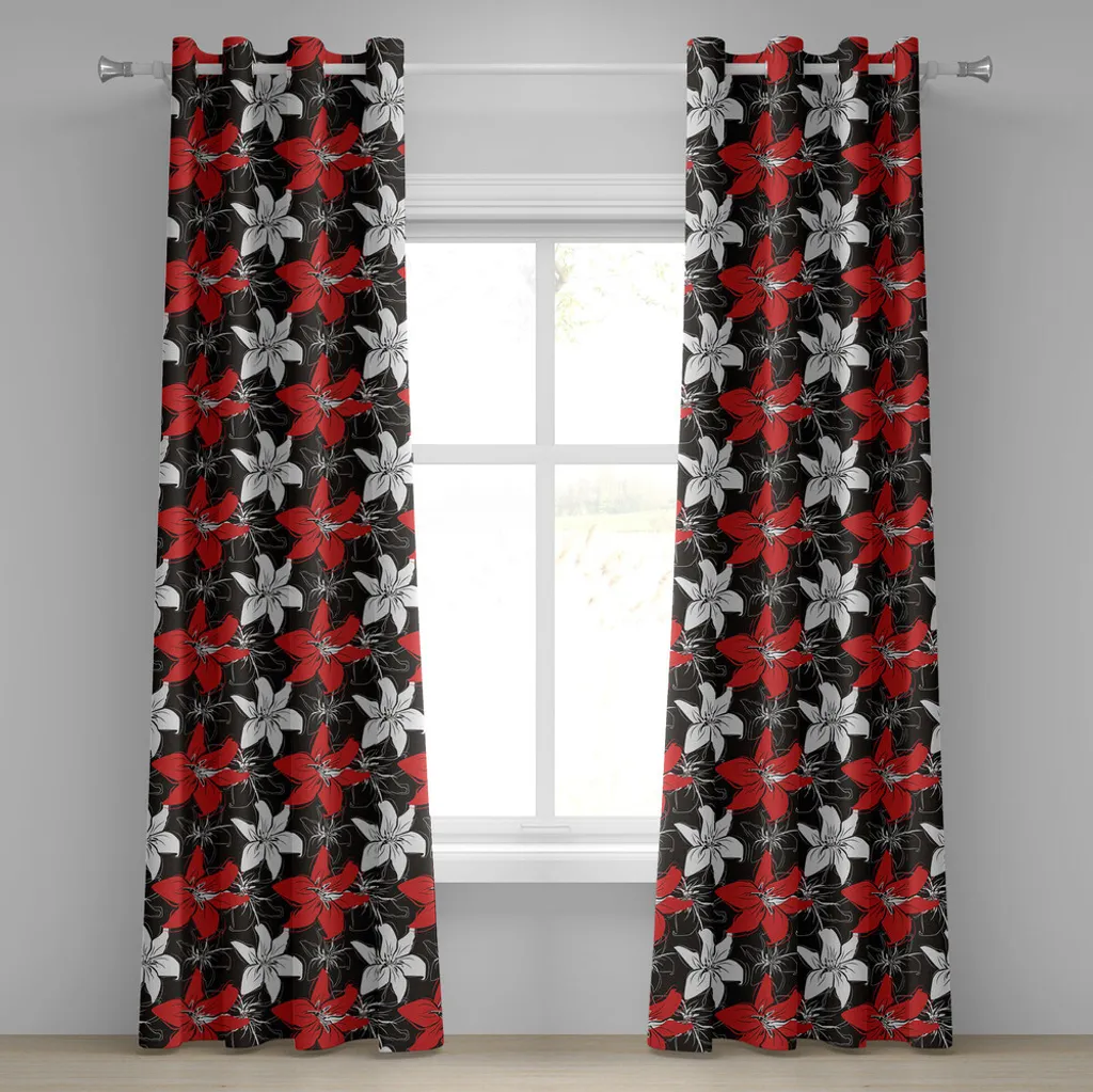 ABAKUHAUS Tenda con occhielli rossa e nera, piante da aiuola artistiche con motivi floreali da giardino in stile retrò naturale, tende decorative a 2 pannelli, 280 cm x 245 cm, nero bianco vermiglio