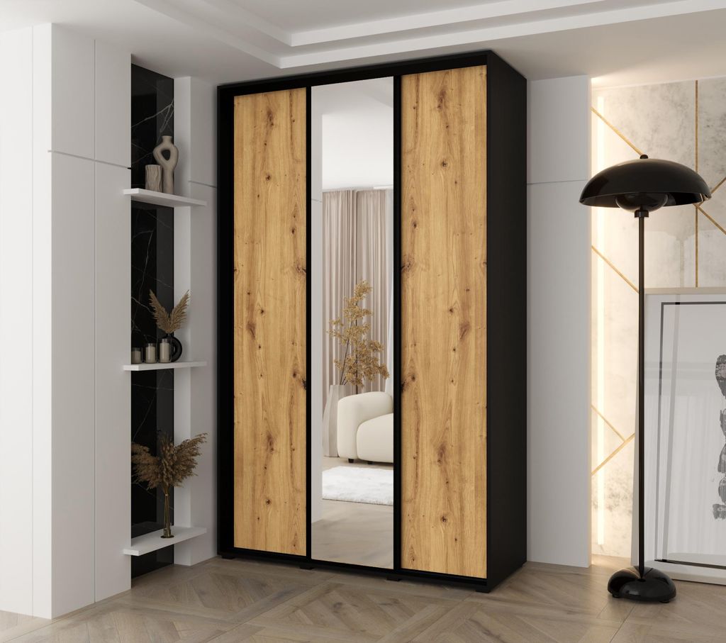 MINIO go for it, Kleiderschrank VADO, 160x235,2x45 cm,3 Schiebetüren (1 Spiegel), 10 Einlegeböden, 2 ausziehbare Metallstangen, Schwarz/ Artisan ...