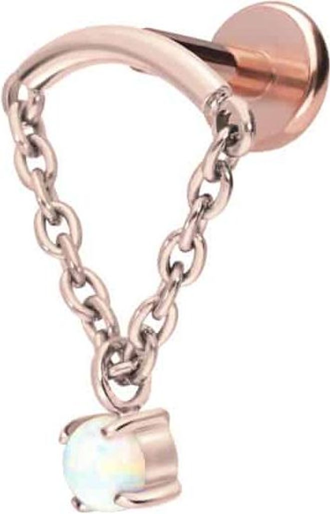 Ohrpiercing, Nasenpiercing Titan Labret mit Push Fit BOGEN + KETTE + SYNTHETISCHER OPAL RoséGold Stablänge: 6mm | Stabstärke: 1,2mm