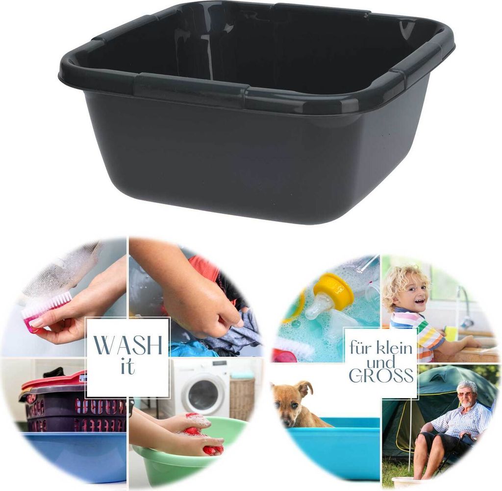 LS-LebenStil Kunststoff Waschschüssel 9L Grau 33cm Viereckschüssel Fußwanne Spülschüssel Wäschekorb Putzschüssel Wanne Waschwanne Abwaschsch...