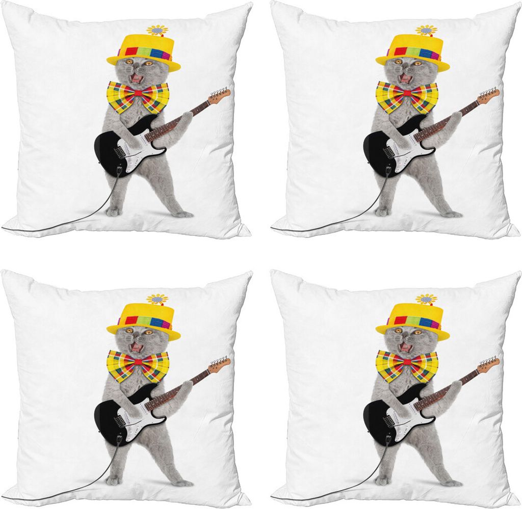 ABAKUHAUS Katze Kissenbezug Set (4 Stück), Hipster Musiker Kitty Fun, Moderner Doppelseitiger Digitaldruck, 50 cm x 50 cm, Mehrfarbig