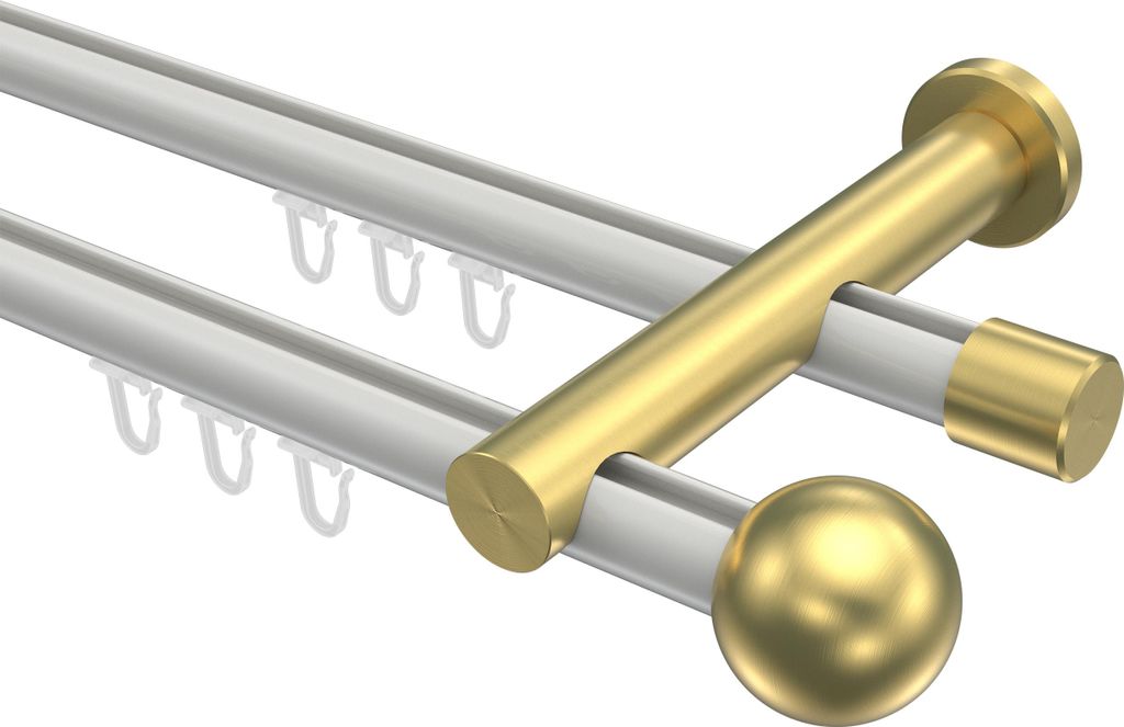 Interdeco Innenlaufstange / Gardinenstange mit Innenlauf Weiß / Messing-Optik, Typ Platon Luino (Kugel), 20 mm Ø 2-läufig, 280 cm