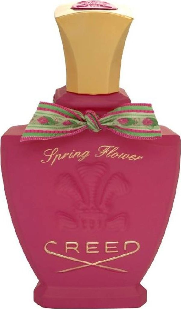 A studio shot of a pink Creed Spring Flower Eau de Parfum bottle.